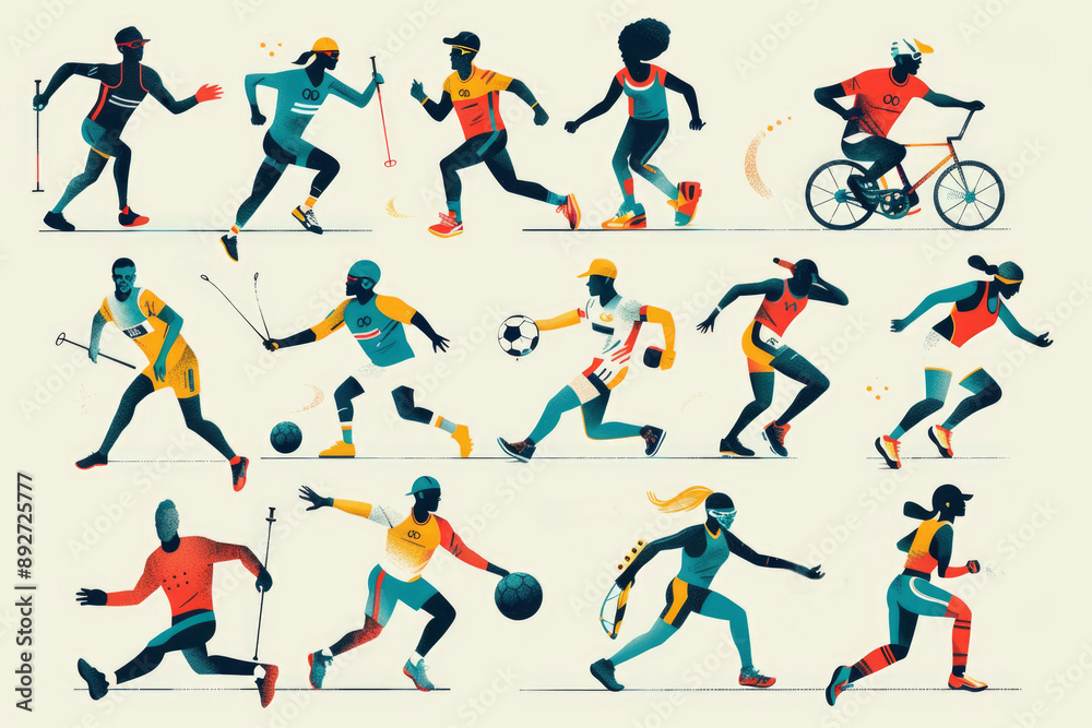 Fototapeta premium Olympic Games. Colorful illustration of silhouettes of athletes participating in a variety of sports including running, cycling, soccer and more.