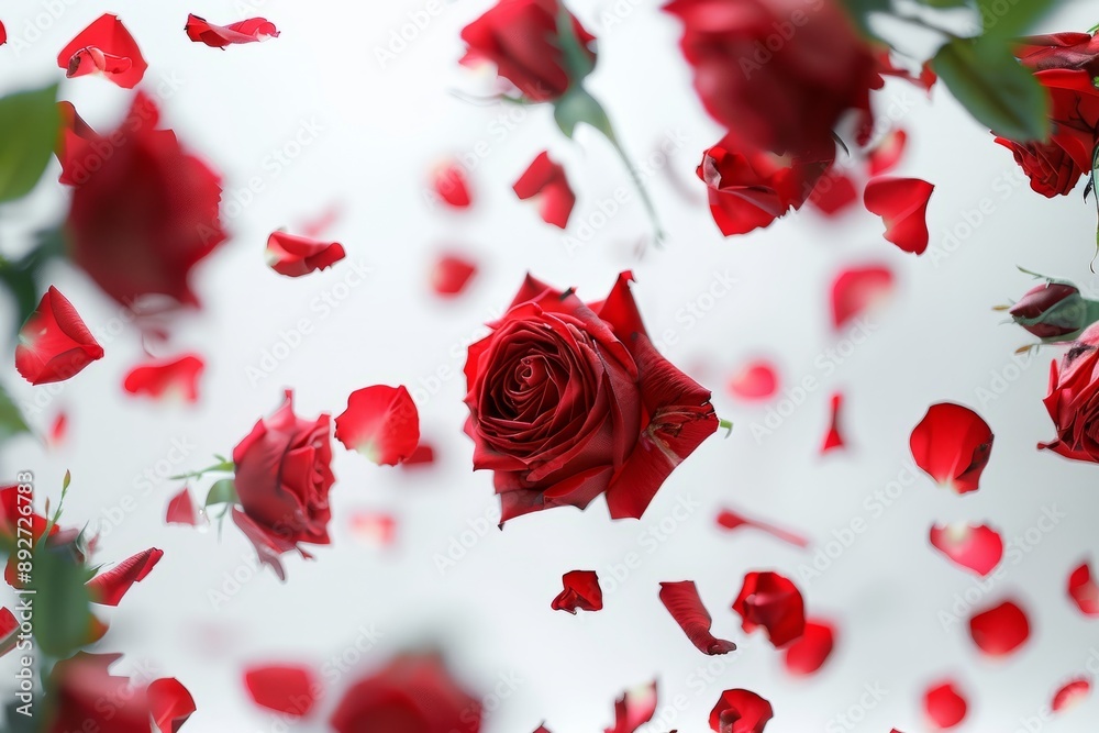 Red roses and petals floating gracefully in the air against a white background