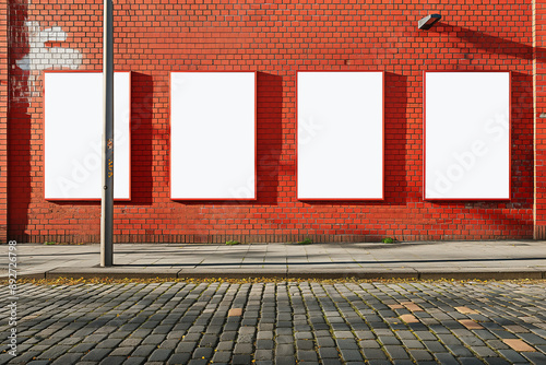Four vertical blank white poster mock up on side of brick building, side walk and street in foreground, copy space