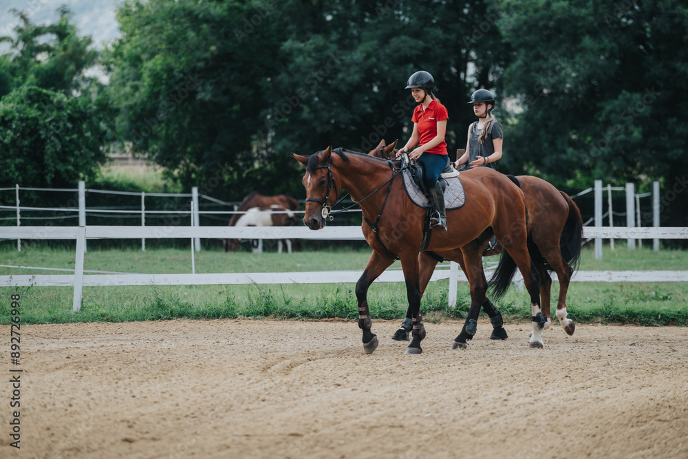 Two young girls riding horses in an outdoor arena, enjoying equestrian sport and leisure activity on a sunny day Two young girls riding horses in an outdoor arena, enjoying equestrian sport and leisure activity on a sunny day