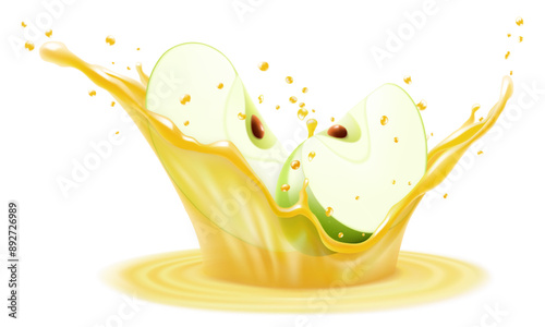 Natural fresh green apple falls into splash of fresh apple juice. Transparent splash and drops, Refreshing splash of juice with an apple, realistic 3d vector illustration
