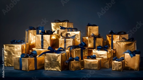 boxes in gold wrapping with blue ribbon. background with gift concept on black background 