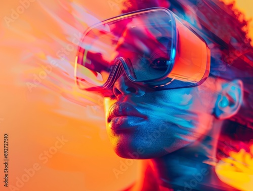 technology abstract background, VR, close up, focus on, vibrant hues, Double exposure silhouette with VR