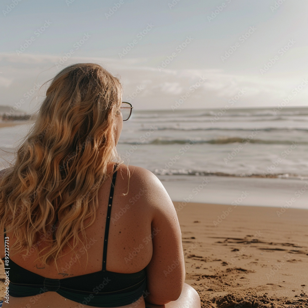 a photograph of a chubby blonde girl in her 20s looking out at the beach a photograph of a chubby blonde girl in her 20s looking out at the beach