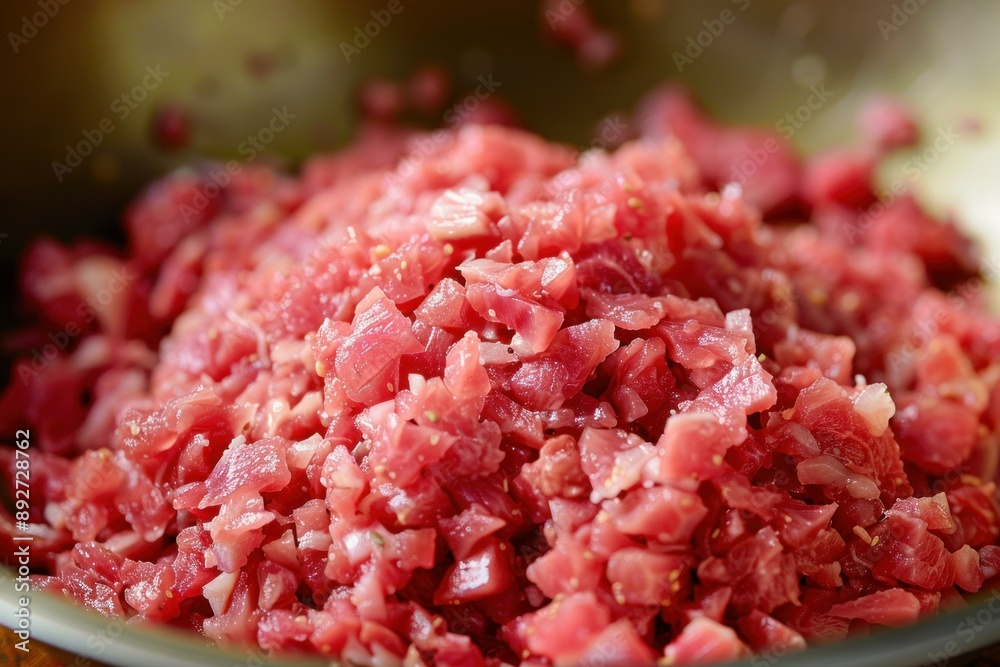 Highquality closeup image of freshly ground raw beef on a kitchen surface Highquality closeup image of freshly ground raw beef on a kitchen surface