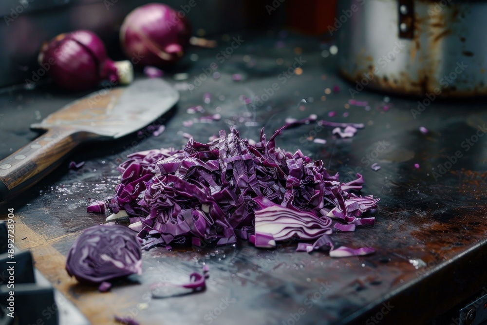 Freshly sliced red cabbage on a dark countertop with a knife and whole onions in the background Freshly sliced red cabbage on a dark countertop with a knife and whole onions in the background