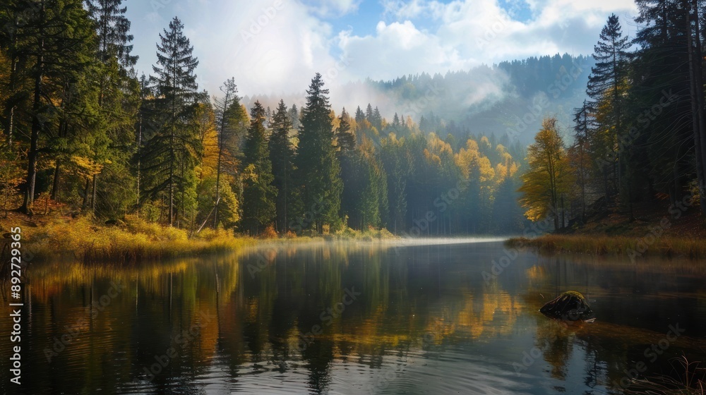 Serene misty forest lake with autumn trees and reflections Serene misty forest lake with autumn trees and reflections