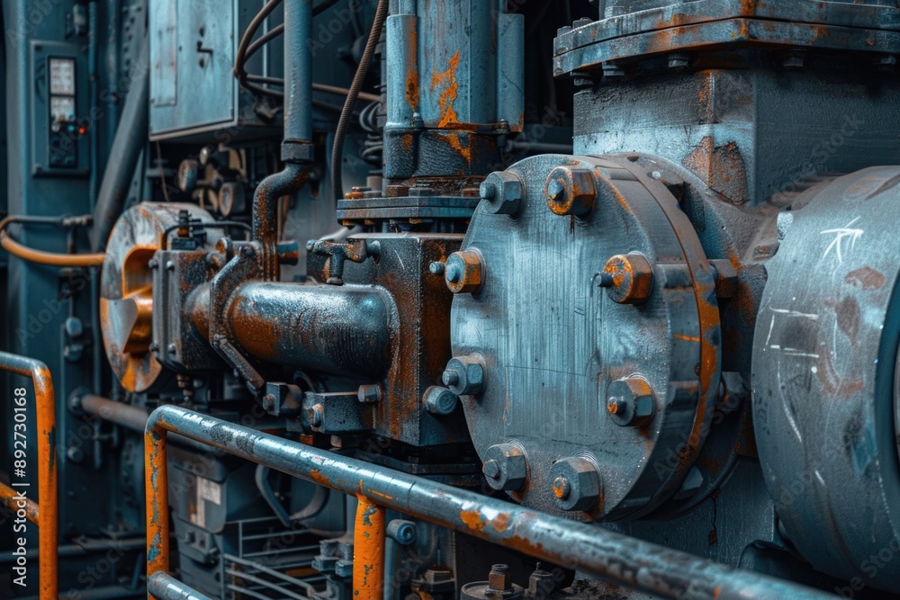 Heavy Industrial Machinery Close-Up - Rusty Metal Parts, Pipes, Bolts for Engineering Design Heavy Industrial Machinery Close-Up - Rusty Metal Parts, Pipes, Bolts for Engineering Design