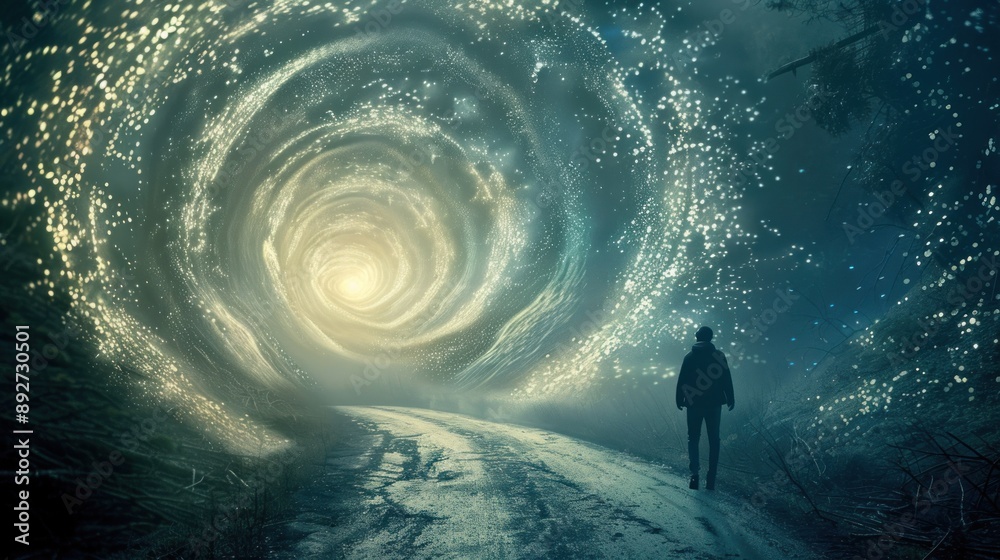 Fototapeta premium Man walking towards a vortex of light in a forest night