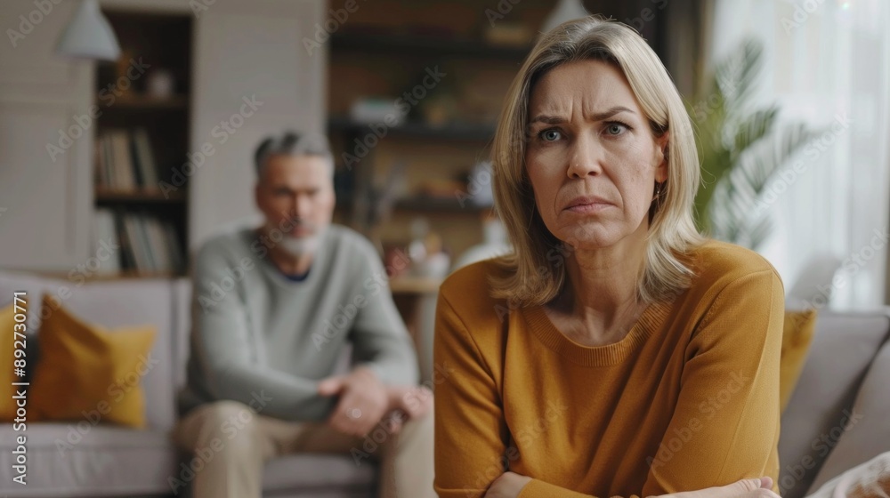 Sad pensive couple thinking of relationships problems sitting on sofa, conflicts in marriage.