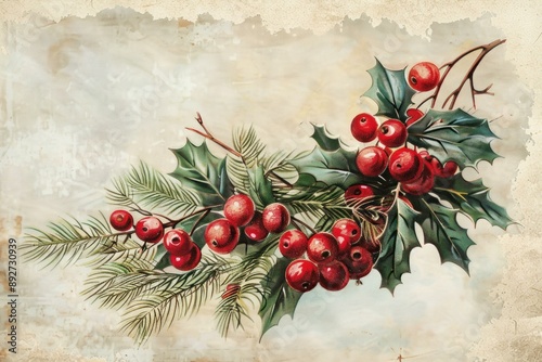 Retro holidaythemed illustration featuring holly leaves and red berries on an aged paper backdrop