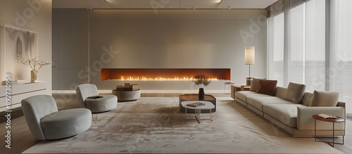 A chic, modern living room with a sleek, recessed fireplace, minimalist furniture in neutral tones, a large area rug, 