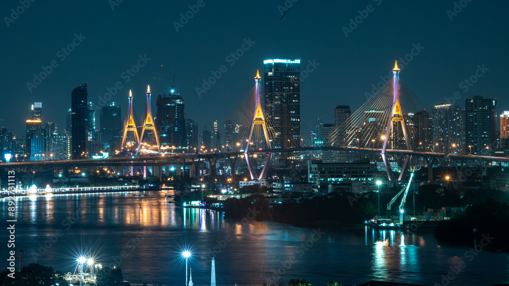 Bhumibol Bridge 1 and 2 with beautiful light up at night scene, Bangkok Thailand Bhumibol Bridge 1 and 2 with beautiful light up at night scene, Bangkok Thailand