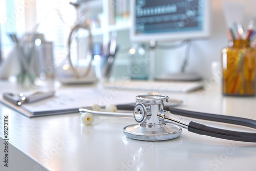 A Stethoscope on a White Desk in a Medical Office