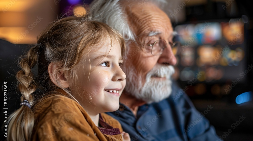 Western elderly man and his granddaughter having fun with video games in a dedicated gaming room at night significant empty space around the edges Stock Photo with copy space