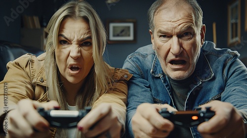 Wallpaper Mural Western elderly man and his granddaughter having fun with video games in a dedicated gaming room at night significant empty space around the edges Stock Photo with copy space Torontodigital.ca