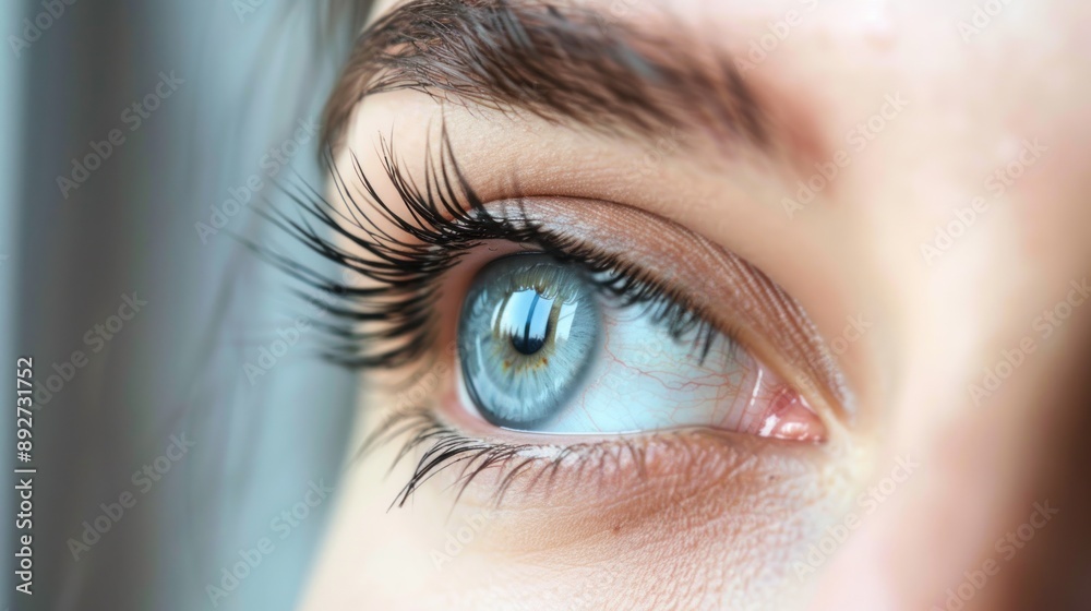 Close-up of a blue eye with long lashes and eyebrow
