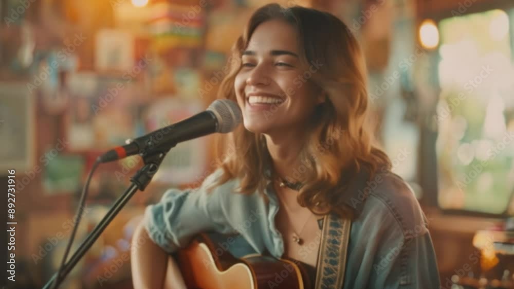 Smiling young woman singing in living room at home Smiling young woman singing in living room at home