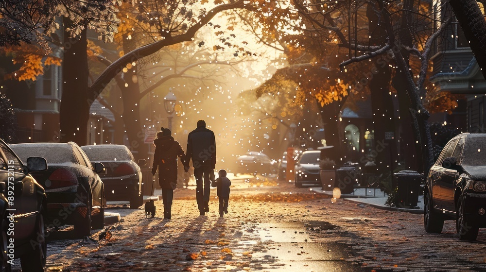 Family walking in snowy autumn street during sunset Family walking in snowy autumn street during sunset