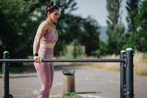 Fit woman wearing a pink sports outfit doing calisthenics exercises on outdoor gym equipment in the park during a sunny day. © qunica.com