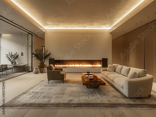 A luxurious living room with a sleek, linear fireplace, minimalist furniture in neutral tones, a large area rug, and tasteful decor elements, all bathed in the soft glow of natural light.