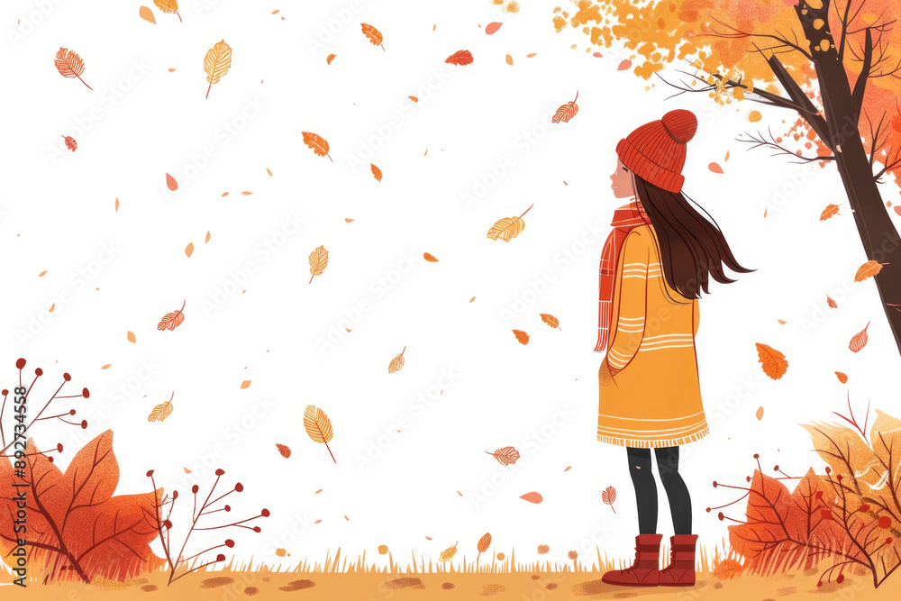 Vector illustration of a young girl in a cozy sweater, scarf and boots against the background of an autumn landscape with simplistic colorful foliage Vector illustration of a young girl in a cozy sweater, scarf and boots against the background of an autumn landscape with simplistic colorful foliage