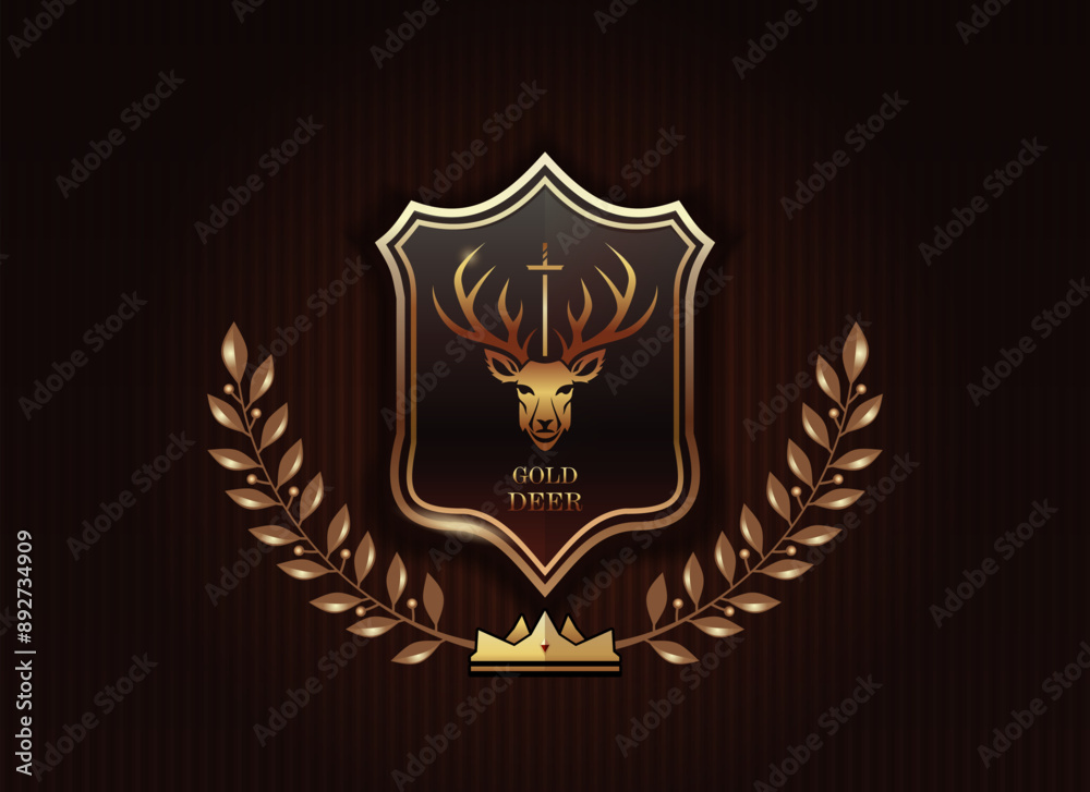 Golden deer. Knight's coat of arms depicting a deer with spreading antlers. Vector illustration Golden deer. Knight's coat of arms depicting a deer with spreading antlers. Vector illustration