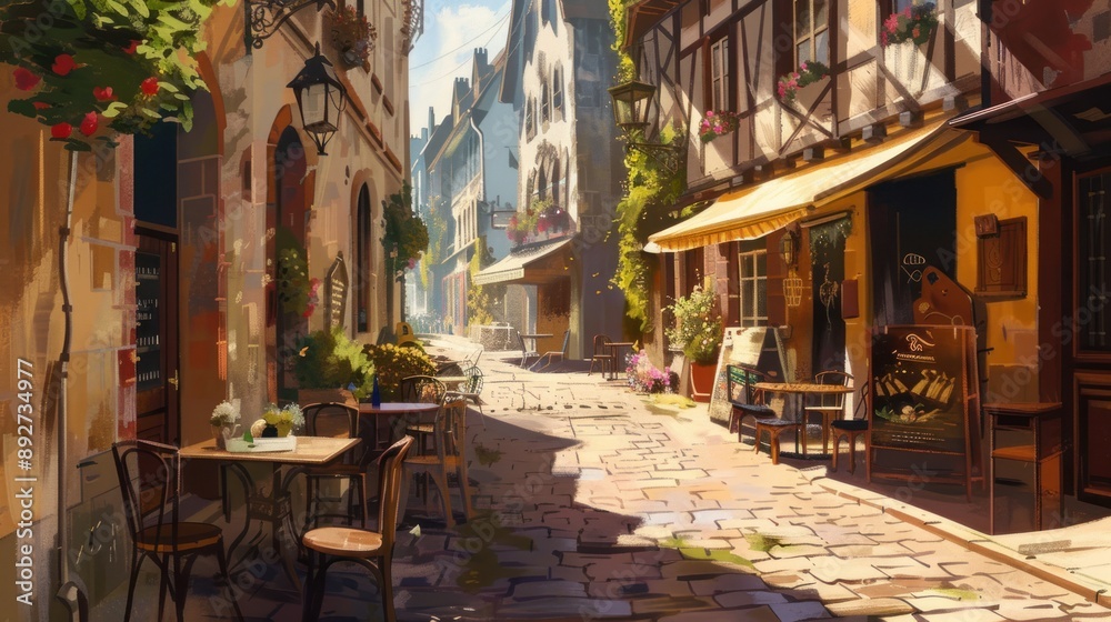 Fototapeta premium Cozy sunlit European street with outdoor cafe seating.