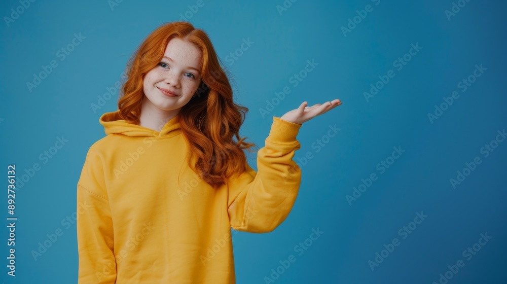 A smiling young woman in a yellow hoodie presenting something with an open hand against a blue background A smiling young woman in a yellow hoodie presenting something with an open hand against a blue background