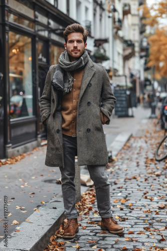 man in a casual autumn look, wool coat, cozy scarf and sturdy boots Standing on a city sidewalk covered with fallen leaves and a fresh autumn breeze