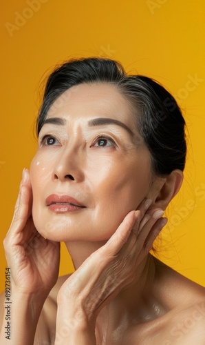 A portrait of a woman with an elegant demeanor against a yellow background photo