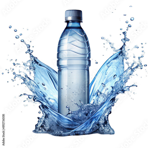 Water bottle with water pouring out of it on transparent background