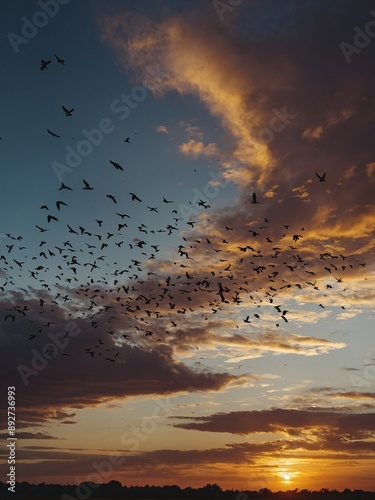 Flying Birds Against Sunset Sky photo