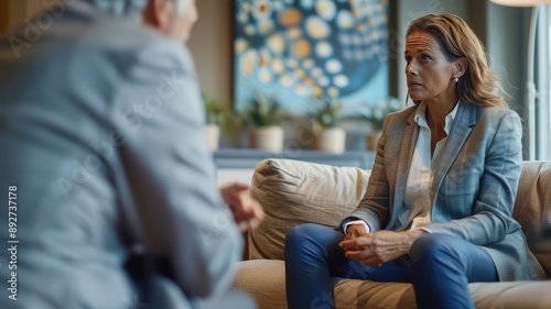 Business meeting discussion between two professionals sitting on a couch in an office setting, engaged in a serious conversation.