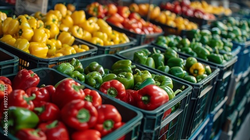 Various sweet peppers in plastic box, food storage or market photo