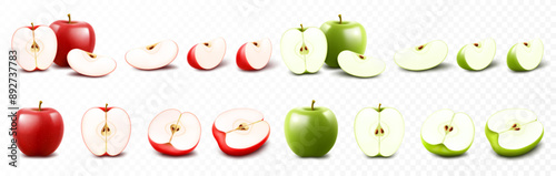 Set of red and green apples isolated on transparent background. Whole, half and slices of ripe juicy fruit. Summer harvest. Natural product. Realistic 3d vector illustration