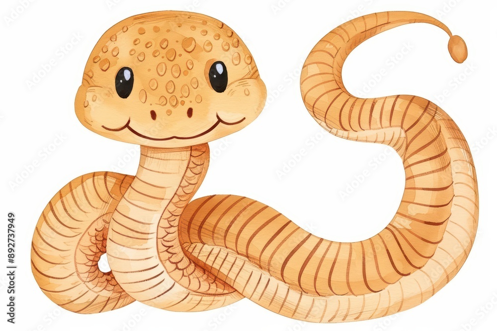 Fototapeta premium A cobra is shown in a cute, kawaii watercolor painting, isolated on a white background, with a friendly hood and charming eyes