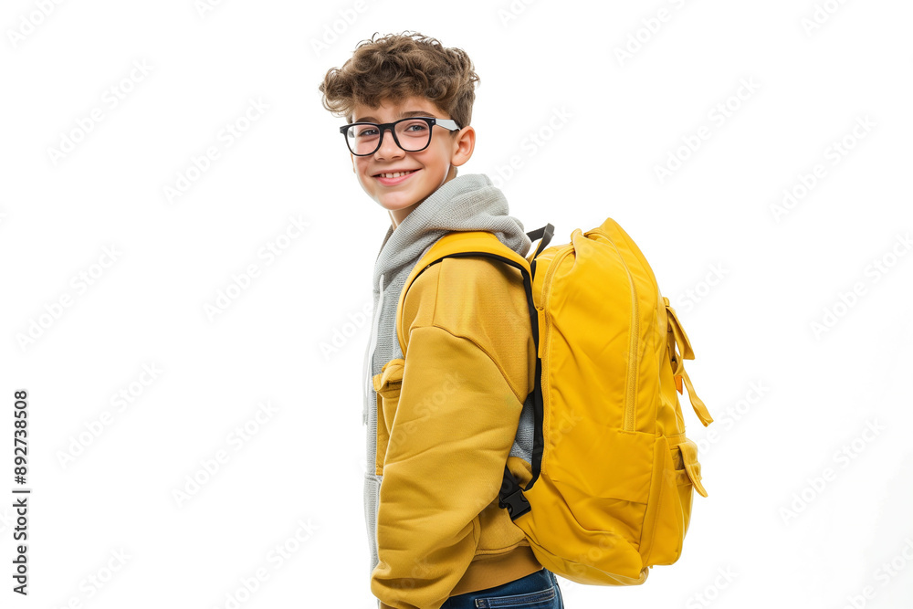 Cheerful Student with a Yellow Backpack Isolated on a White Background, Ready for Back to School Season Cheerful Student with a Yellow Backpack Isolated on a White Background, Ready for Back to School Season