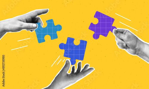 Collage with halftone hands putting puzzle together. Teamwork concept vector pop art retro style illustration. Partnership and  relationship design element for infographic, poster, website