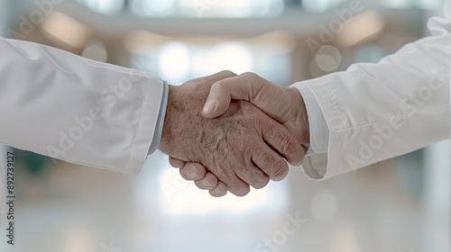 Professional man shaking hands, front view, soft-focus university campus setting, close-up shot, agreeing on an educational partnership.