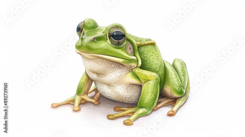 A frog is depicted in a cute, kawaii watercolor style, isolated on a white background, with a joyful expression and hopping legs