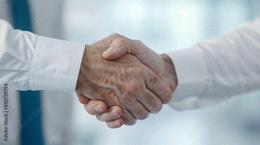 Professional man shaking hands, soft-focus media production studio, close-up shot, finalizing a media rights agreement. Professional man shaking hands, soft-focus media production studio, close-up shot, finalizing a media rights agreement.