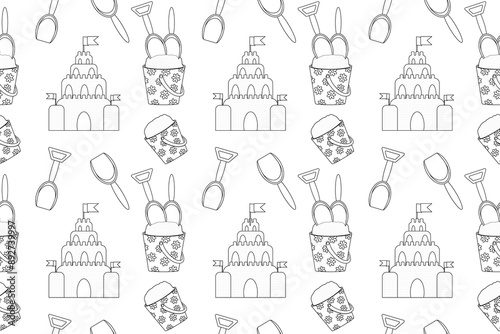 A fun and engaging coloring page featuring sand toys, perfect for kids to enjoy summer beach activities.