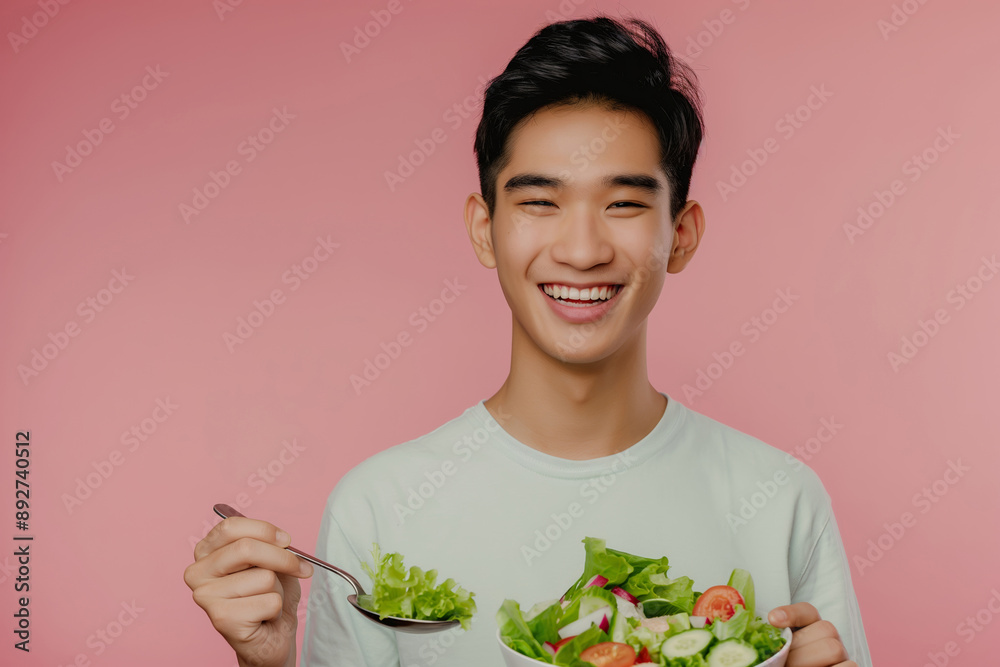 Smiling Young Man Enjoying Fresh Salad Against Pink Background in Healthy Lifestyle Concept Smiling Young Man Enjoying Fresh Salad Against Pink Background in Healthy Lifestyle Concept