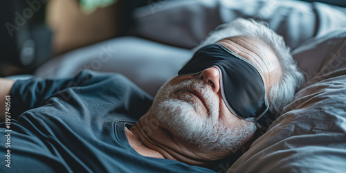 Elderly Man Sleeping Peacefully with Sleep Mask in Cozy Bedroom Setting