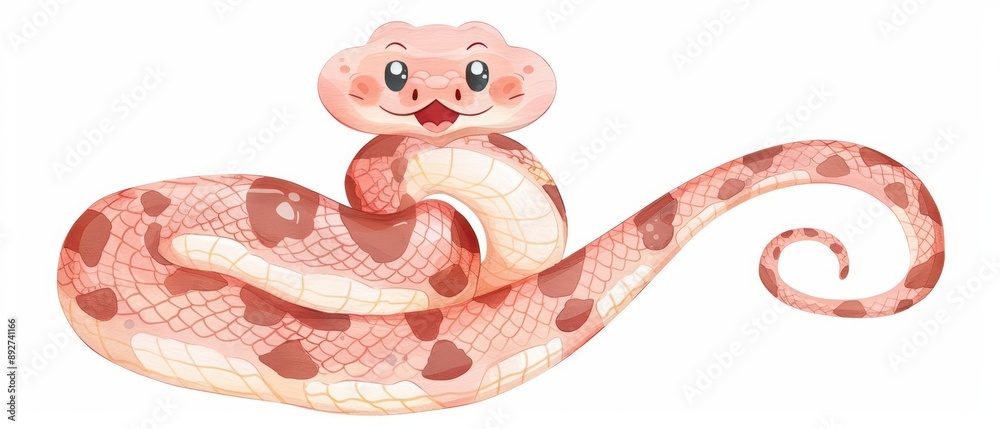 Obraz premium A python is visualized in a cute, kawaii watercolor scene, isolated on a white background, with a happy face and coiled body