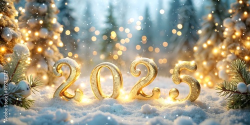 golden numerals 2025 against the background of Christmas trees