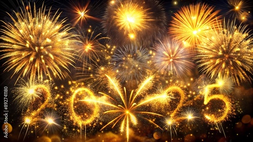 gold figures 2025 on a plain background with fireworks
