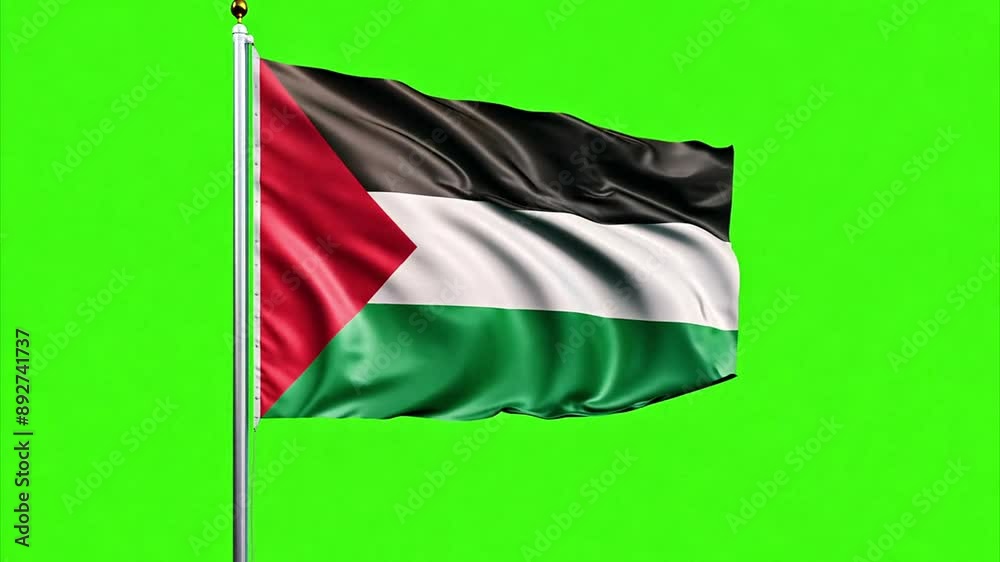 State of Palestine national flag waving in the wind in slow motion against a chroma key green screen. State of Palestine national flag waving in the wind in slow motion against a chroma key green screen.