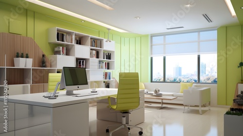 Bright modern office with green accents